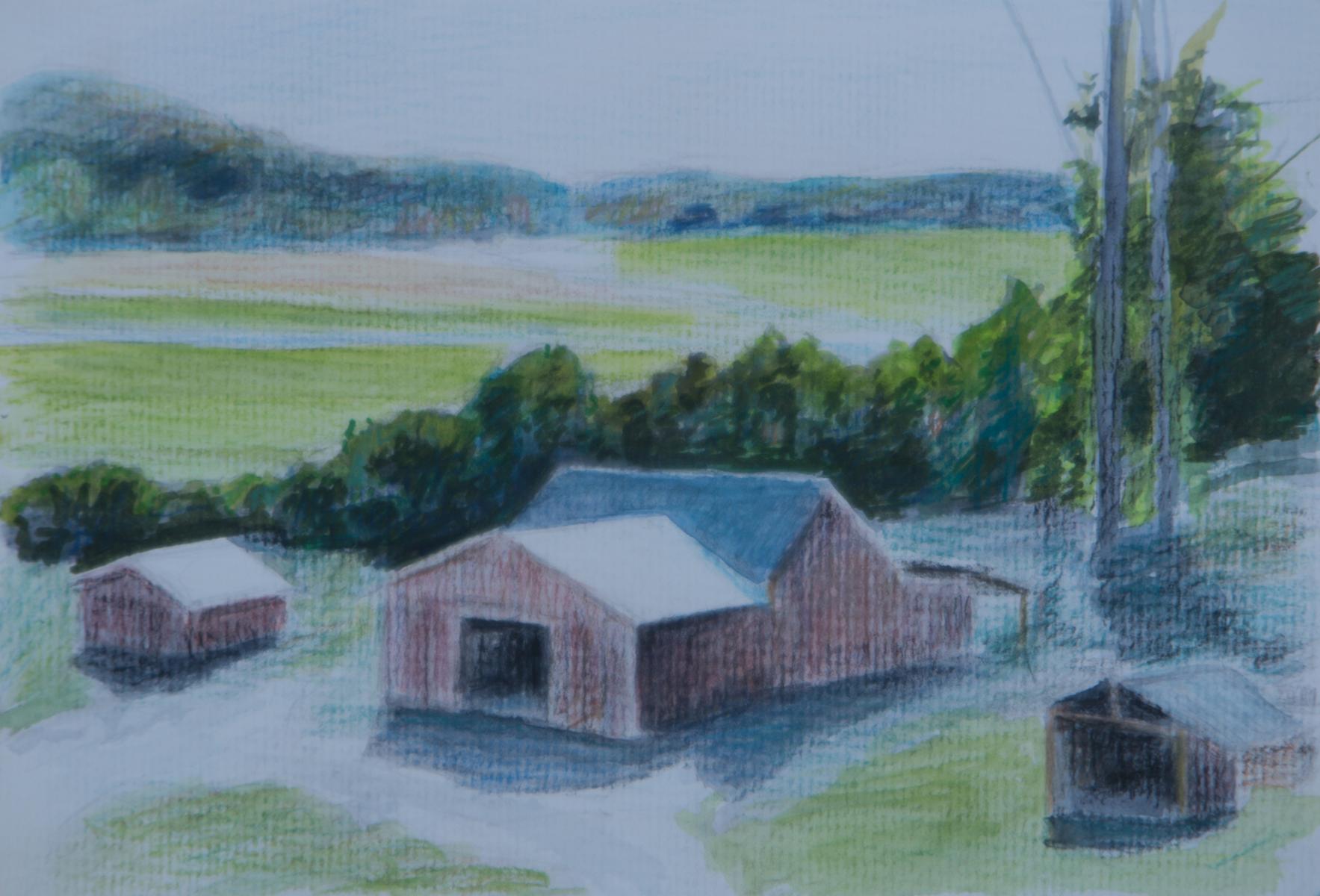 Sketchook page  "Farm in the Valley"  5.3" X 8"  watercolor and pencil