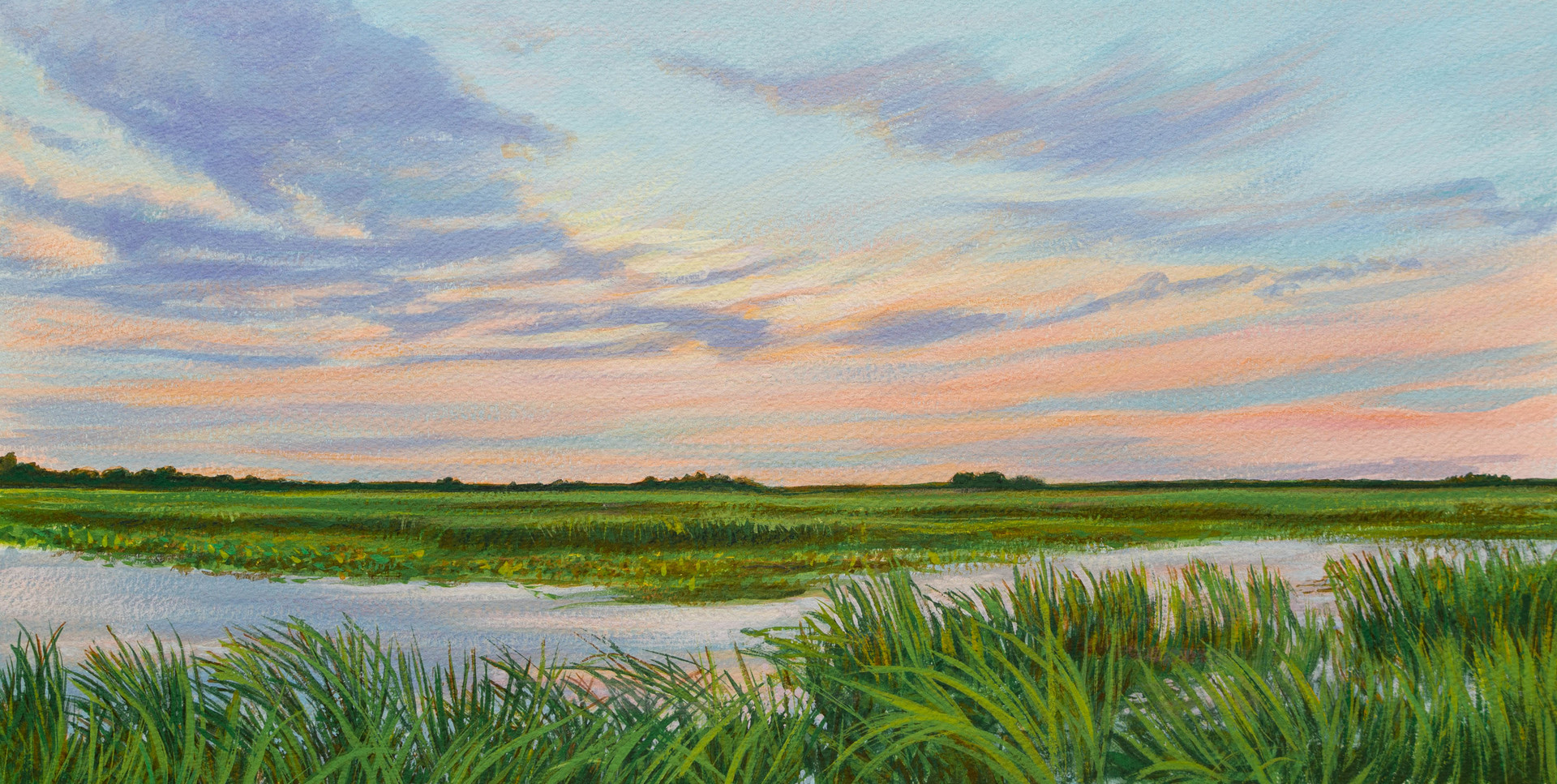 "The Marsh at Sunset"    10" X 20"    watercolor and gouache on 300 lb. watercolor paper