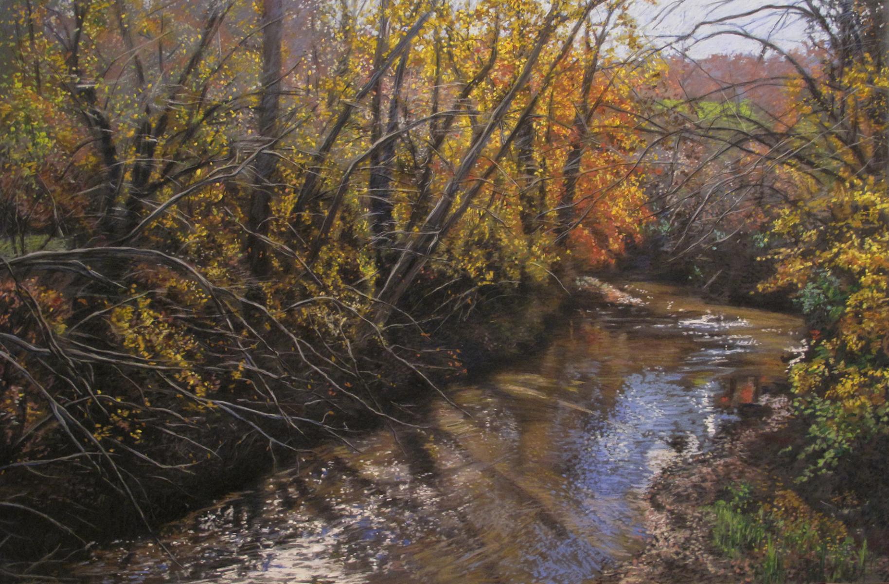 "Sunlight on a Woodland Stream"    24" X 36"   pastel on panel