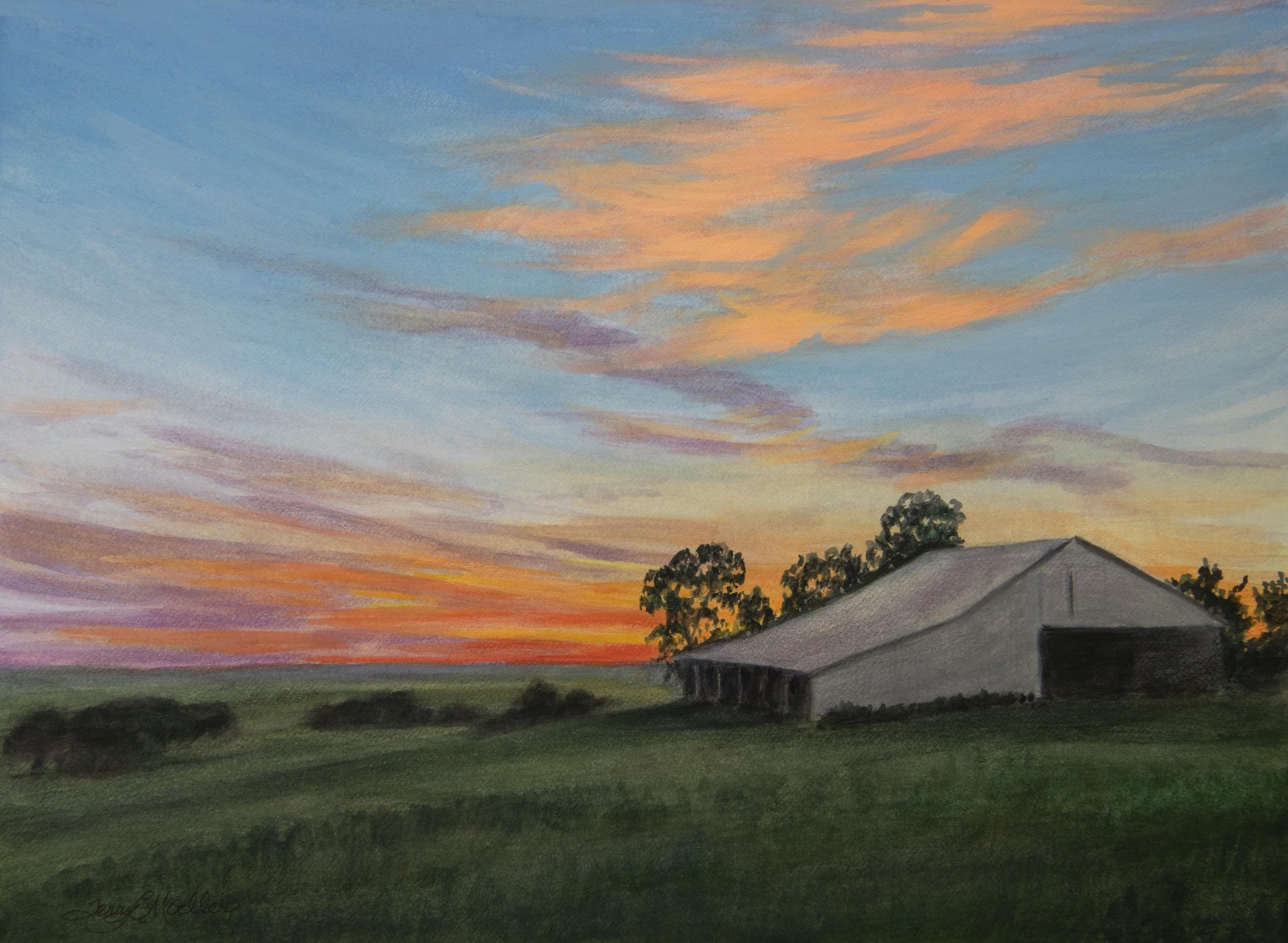 "Oklahoma Sunset" 9" X 12" watercolor with gouache and colored pencil on 140 lb watercolor paper